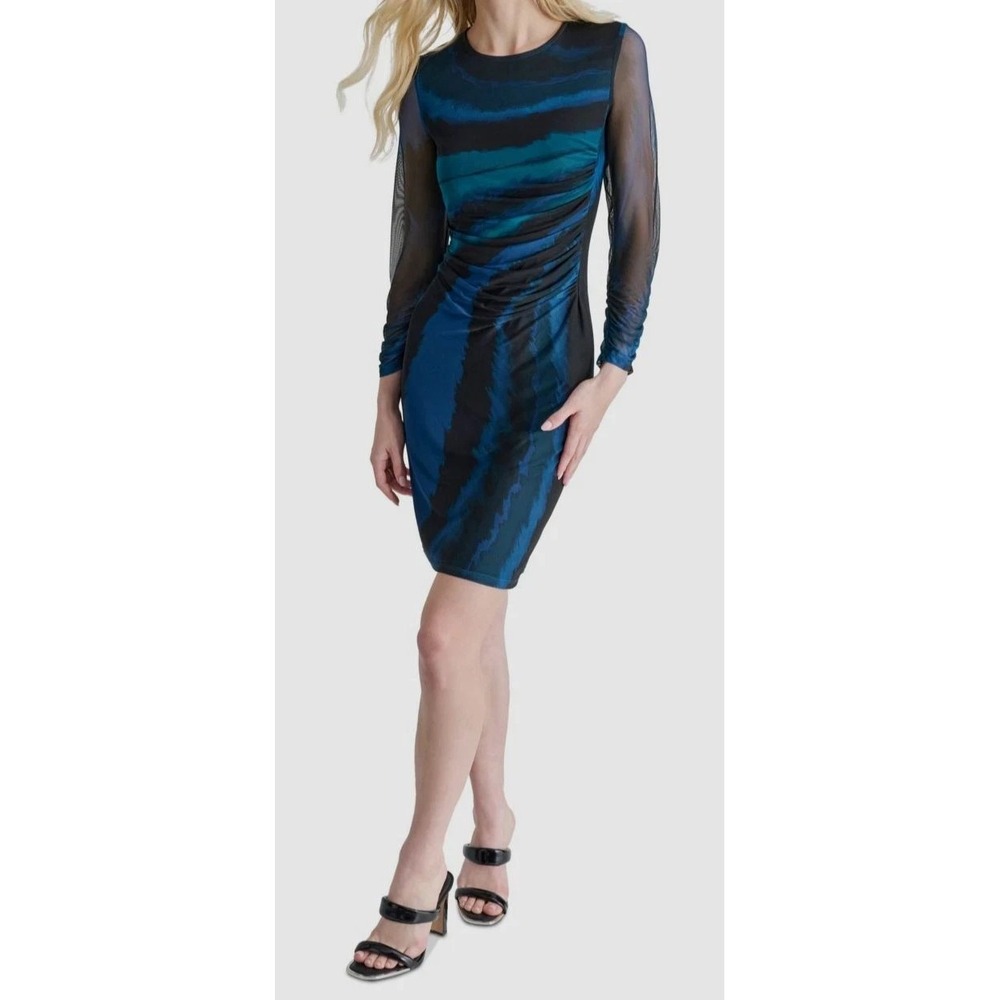 DKNY Dress Womens 8P Blue Green Abstract Mesh Long Sleeve Ruched Sheath Party